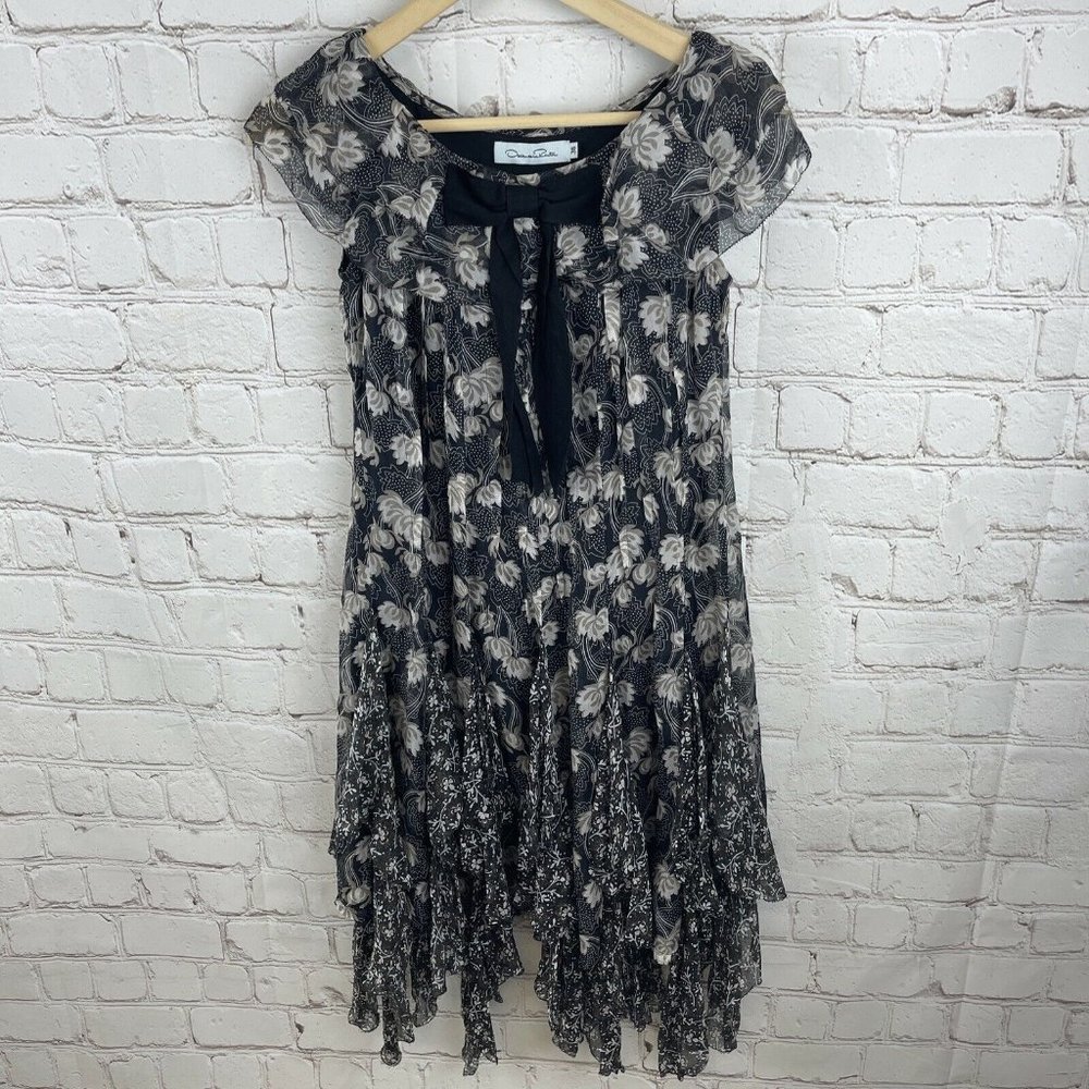 Oscar De La Renta Silk Sleeveless Floral Ruffle Pleated Dress Bow Detail Size 36